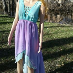 Teal and purple flowy mermaid unicorn dress